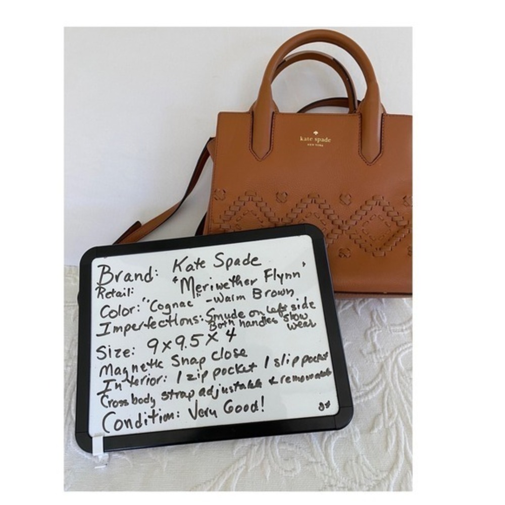 Kate Spade Bag Meriwether Flynn Crossbody Satchel Cognac Brown Woven Leather - Picture 11 of 12